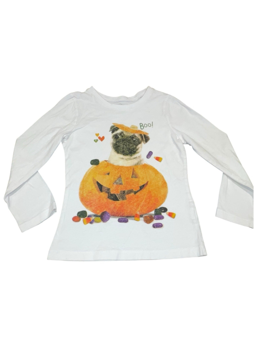 The Children’s Place Pug In A Pumpkin Halloween T Shirt Top Candy Corn Sz S 5/6